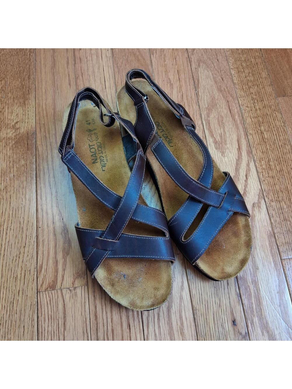 Naot Women's Leather Sandals Size 41 L10 Strappy Cork Comfort Shoes Dark Brown